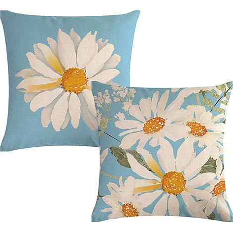 Lot de 2 Housses de coussin 45x45 cm, motif marguerites, lin et coton, pour salon, chambre, terrasse (1/5)