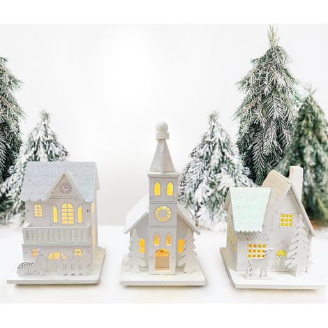 3 Pièces Village de Noel Lumineux en Bois, Maison Village de Noel Miniature LED, Maison de Neige Hiver Blanc, Deco Noel en Bois Lumineuse, Decoration de Noel Interieur à Pile, Décoration de Table Noël (1/5)