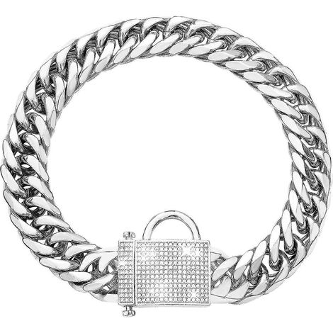 Collier pour chien avec fermoir en argent et zircon cubique de 16 mm. Collier robuste en métal pour chiot. Collier de luxe étincelant. Tailles XS, S, M et L (60 cm). (1/5)