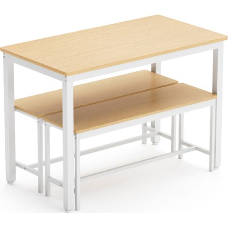 Table à manger 4 places avec 2 bancs, ensemble de cuisine industrielle 110 x 60 cm, bois clair et blanc, gain de place, CHICFURN (1/5)