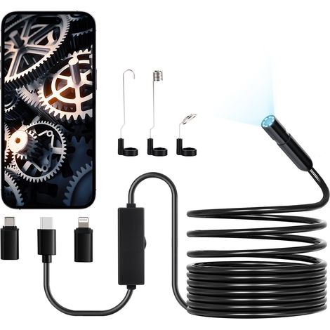 Caméra Endoscopique avec Câble Semi-rigide 5 m, Endoscope HD 1920p pour Android et iOS, avec 8 Lumières LED Réglables, Zoom, Étanche IP67, Caméra Serpent d'Inspection pour Automobile, Plomberie (1/5)