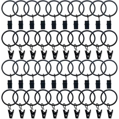 Anneau Rideau - Anneaux Rideaux - Anneaux Rideaux Avec Pince - Pince Rideau - 20Pcs, pour Rideaux Diamètre Intérieur de 32mm, Noir (1/4)