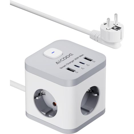 Bloc multiprise cube 3 prises avec 4 cubes USB C avec interrupteur pour bureau, maison ou voyage Câble de 2 m Blanc (1/5)