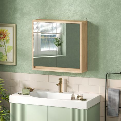 Armoire Salle Bain Miroir Portes Étagère Réglable Mobilier Suspendu Style Moderne Intérieur Naturel 48x14,5x45cm (1/4)
