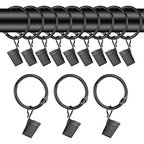 Anneaux Rideaux avec Pinces, 24 Anneaux pour Rideaux avec Clips pour tringles à Rideaux pour fenêtres, Portes et Rideaux de Douche, diamètre intérieur 32 mm (Noir) (1/5)