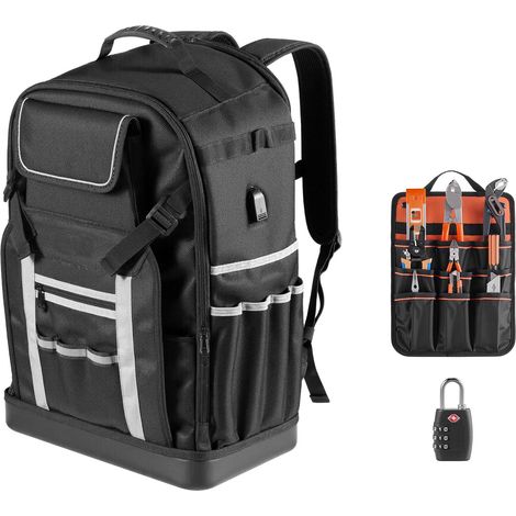 Sac à dos porte-outils 56 poches, organisateur de rangement robuste avec base moulée, pour chantier, électricien, industriel, réparateur et technicien CVC (1/5)