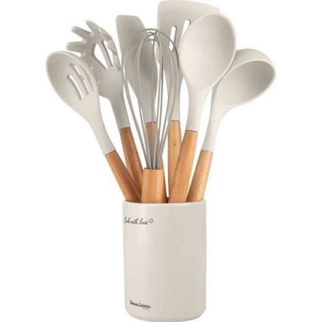 Ustensiles De Cuisine - Ensemble 7 Pièces En Silicone Et Bois De Hêtre - Rétro Crème - Pour Cuisine Maison