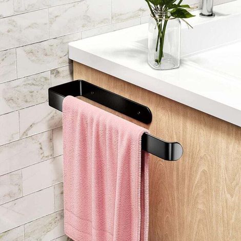 Porte-serviettes autocollant ou perforé Ulisem, porte-serviettes de cuisine en aluminium imperméable et antirouille, adapté aux serviettes, rouleaux, papier toilette (noir) (1/4)