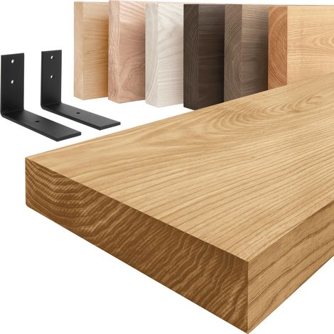 LAMO Manufaktur étagère murale en bois massif, bord régulier, étagère de rangement Basic, bois rustique / équerre noire 60cm, LWG-01-A-003-60LS