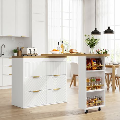 URBAN MEUBLE Table de bar extensible blanc effet bois, 360° pivotant et 6 tiroirs 128-203cm
