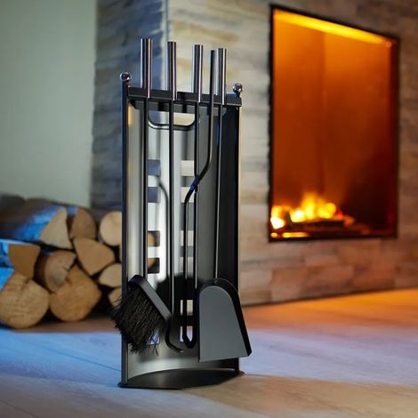 Le Poisson Qui Jardine – Serviteur de cheminée 4 outils en acier – Balai, pelle, pince, tisonnier – Dimensions 23 x 14,5 x 58 cm – Poignées ergonomiques en acier inoxydable (1/5)