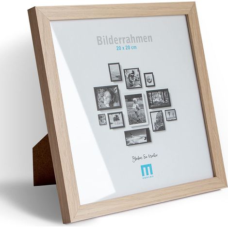 Cadre photo moderne et intemporel en bois MDF naturel pour petites photos et images de 20 x 20 cm avec protection en verre acrylique. Il peut être utilisé comme support de table ou à poser au mur (1/4)