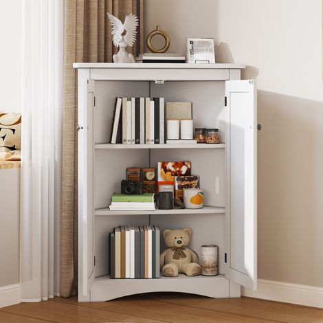 Armoire d’angle blanche pour salle de bain, meuble sur pied 2 portes, MDF laqué, 61,5 x 80 cm (1/5)