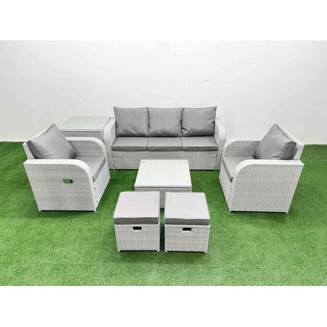 Fimous PE Rattan Garden Furniture Set Reclining Chair Sofa Lounge Sofa Set Square Coffee Table Side Table 2 Small Stools Light Grey (1/4)
