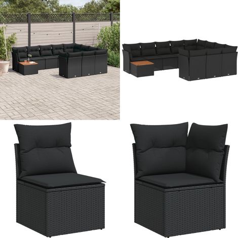 11-tlg. Garten-Sofagarnitur mit Kissen Schwarz Poly Rattan - Gartenmöbel Set - Outdoor Möbel - Rattan Sofa - Lounge Set - Esstisch - Home & Living (1/5)