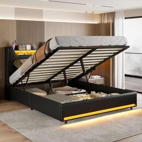 Lit Coffre 140x190 avec LED et USB, Lit Double avec Rangement Hydraulique et Tête de lit capitonné, Lit 2 Personnes Cadre de Lits avec Sommier à Lattes, PU, Noir (sans Matelas)