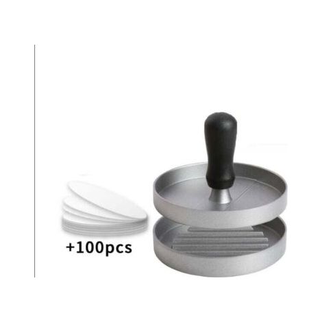 1PC Presse à Burger Moule Steak Haché en Aluminium Revêtement Antiadhésif + 100 Feuilles De Papier , Ustensiles Cuisine pour Faire Délicieux Hamburgers, Galettes Et Barbecues, Argent (1/4)