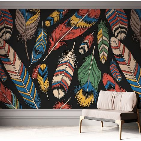 Papier peint adhésif avec colle pour décoration moderne de salon chambre à coucher cuisine et bureau Facile Plumes colorées 312x219 cm (1/5)