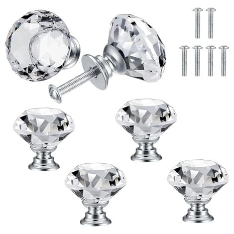 6 Pcs Bouton de Porte de Cristal, Poignées de Diamant, Poignee de Meuble Diamant, Poignée Boutons Décoration de Armoire, Tiroir, Cuisine Bouton Poignées - 30 mm (1/4)