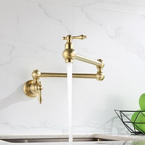 Faucet Wall Mounted, Retractable Kitchen Faucet, Double Handle Brushed Gold (1/4)