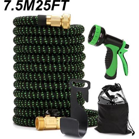 Tuyau d'arrosage Extensible 7.5M, Tuyaux d'arrosage Flexible 25FT, avec pistolet pulvérisateur à 10 fonctions, Pour l'extérieur, Vert (1/5)