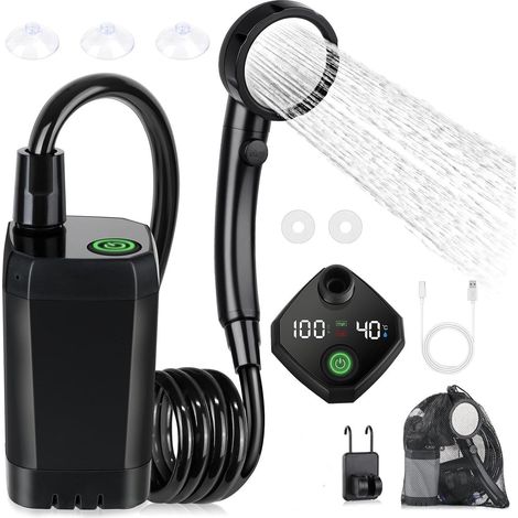 Douche de camping avec barre chauffante, charge USB, douche d'extérieur avec pompe, écran numérique et chauffage rapide - 6000 mAh - Douche portable pour camping, jardin, voiture, animal de (1/5)