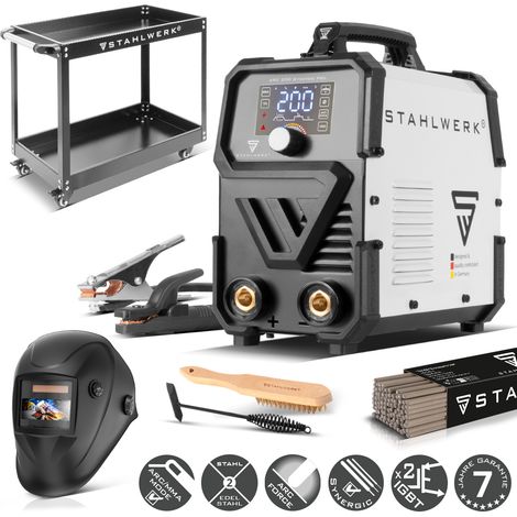 STAHLWERK Elektroden-Schweißgerät ARC 200 Synergic Pro Digital – Vollausstattung mit Gerätewagen – MMA (E-Hand) bis 200 A, Schweißen ohne Schutzgas, Lift-TIG Inverter, Hotstart, Antistick-Funktion (1/5)