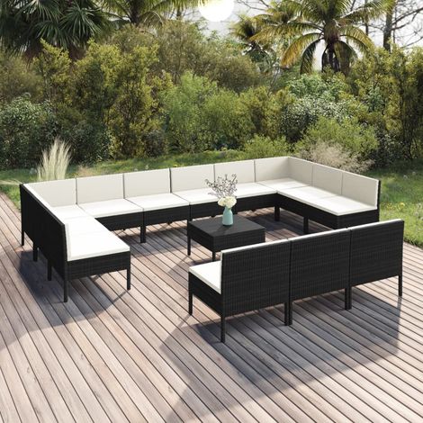 Salon de jardin 14 pcs avec coussins Résine tressée Noir vidaXL (1/5)
