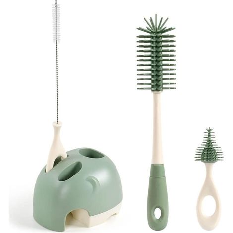 Ensemble de Brosse pour Bébé, 4 en 1 Brosse de Nettoyage rotative pour Bébé, Brosse de Nettoyage de biberon en Silicone, Brosse de Nettoyage pour Bébé avec Support de Rangement(Vert Clair) (1/5)