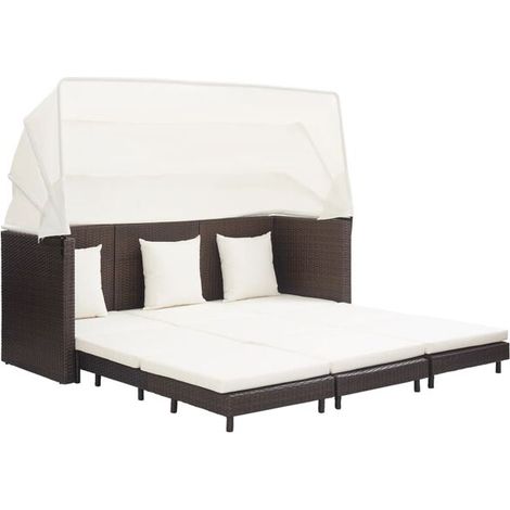 Canapé-lit extensible trois places avec baldaquin, en résine tissée marron. (1/5)