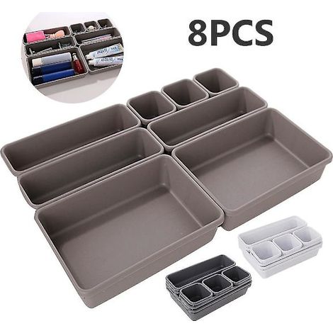 Lot de 8 plateaux de rangement en plastique gris pour couverts et autres objets de table. (1/4)