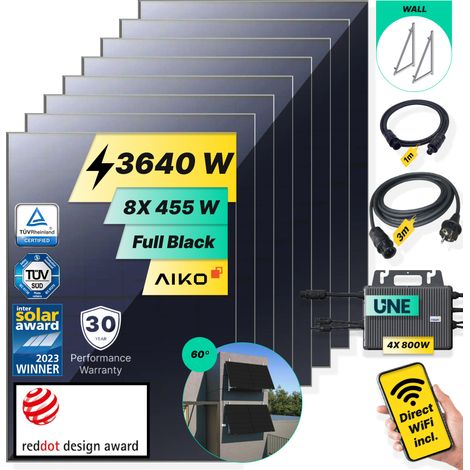 ROBINSUN®️ Kit Solar Enchufable Performance Wall-60 3.640Wp, 8 paneles Aiko 455Wp +4 Microinversores 800W con Wifi incluído +Cable 3m+8 Fijaciones 60º (1/5)