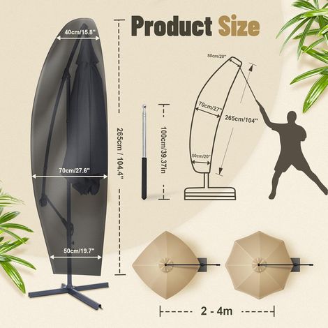 Housse Parasol Deporte avec Perche Télescopique, Housse de Protection pour Parasol en Tissu Oxford 210D , Imperméable, Coupe-Vent, Anti-UV ,pour Parasol de Jardin Exterieur , 265 x 40/70/50 cm (1/4)
