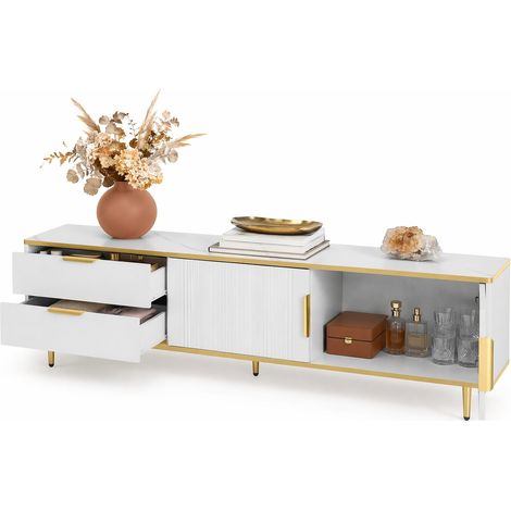 Meuble TV bas blanc et doré avec 2 tiroirs, rangements fermés, façade sculptée et format 170 cm, pour salon moderne, en panneau de particules – CHICFURN (1/5)