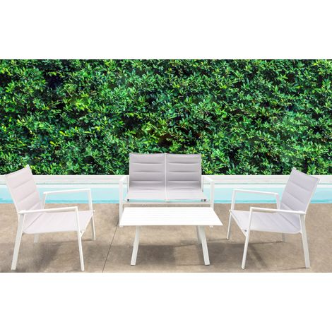 Salotto da esterno giardino 4 posti con struttura in acciaio e textilene con tavolino effetto doghe Kentucky - White (1/4)
