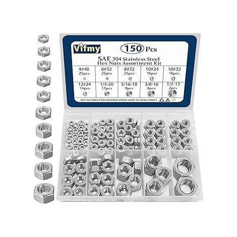 150pcs SAE Hex Nuts Assortment Kit,440 632 832 1024 1032 1224 1/4-20 5/16-18 3/8-16 1/2-13 Hardware Nuts Sets,304 Stainless Steel (1/5)