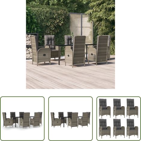 vidaXL Rattanstuhl - 7-tlg. Garten-Essgruppe mit Kissen Schwarz und Grau Poly Rattan (1/5)