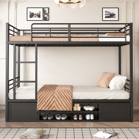Letto a castello in metallo 90x200 cm, con mensola per scarpe, armadio da deposito, scala, sommier a doghe, recinzione di sicurezza, letto da principessa - Nero (1/5)