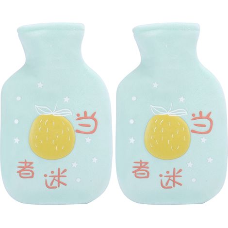 Bouteille d'eau chaude en caoutchouc épais 350ml (vert) - Lot de 2 bouillottes en flanelle à motif cartoon (1/5)