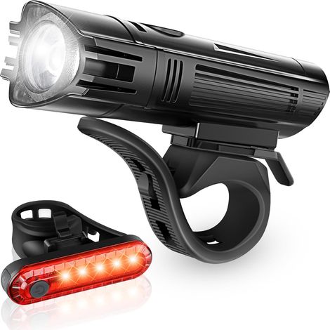 Kit de luces para bicicleta súper brillantes, potentes, LED, recargables por USB, faro delantero y trasero, batería de litio de 2000 mAh, resistentes al agua, 4 modos. (1/5)