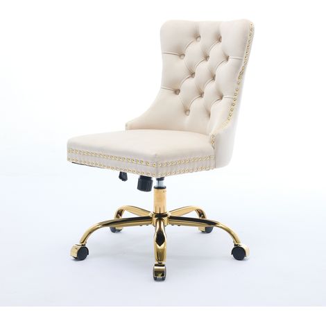 Fauteuil de travail élégant en velours matelassé, pieds dorés en métal, hauteur ajustable et rotation 360°, teinte sable, référence DE1923BG (1/5)