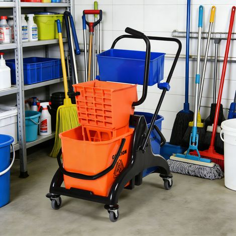 Carro de limpieza profesional de 26 litros con 2 cubos para fregar suelos, de plástico y metal, 78x45x95 cm, color naranja y azul.