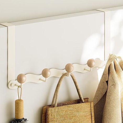 Longziming - Porte-manteau de porte - Porte-manteau mural - Crochet de porte - Crochet de suspension - Avec crochets en bois de lotus - Système coulissant - Installation sans perçage - Charge maximale (1/5)