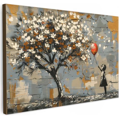 TABLEAU SUR TOILE Arbre - Graffiti - Banksy Style - Balloon Girl Toile Peinture Grand Format XXL 150x100 cm