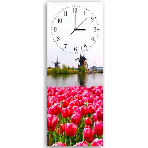 Horloge murale paysage champêtre et tulipes écarlates - 30 x 90 cm