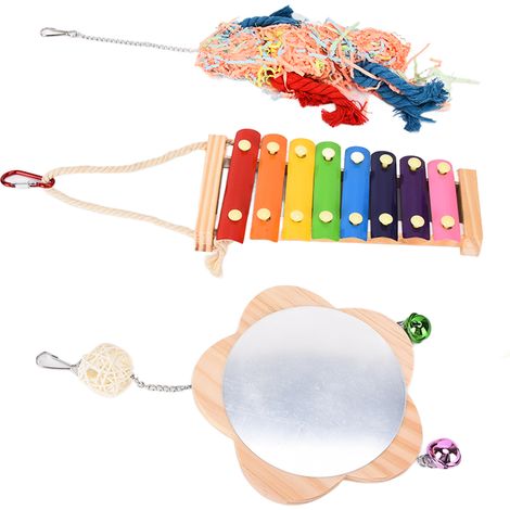 Lot de 3 jouets pour coq, poule et perroquet : xylophone, miroir, jouet à brosser et jouets à mordiller. (1/5)