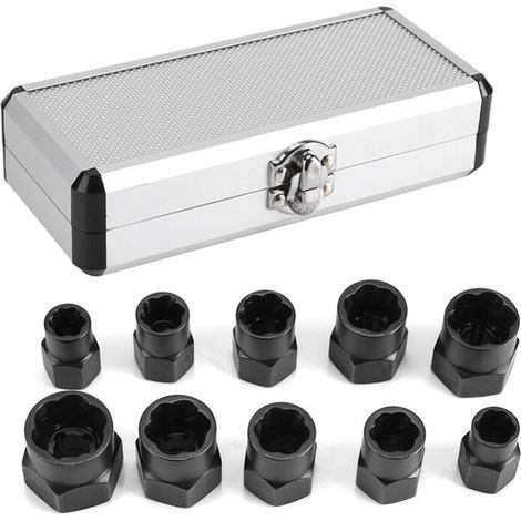 Juego de 10 piezas de extractores de tornillos y tuercas con llave de vaso, kit de herramientas de roscado, extractor de pernos, herramienta de bloqueo, color negro. (1/5)
