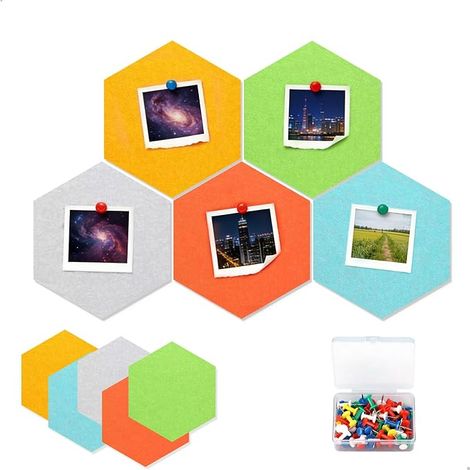 Hexagonal Wall Cork Board, Multicoloured Self-Adhesive Cork Board, Notice Board & Cork Board with 35 Pegs, 5 Panels 20 x 17.5 cm (1/5)