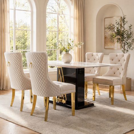 Chaises de salle à manger lot de 4 en velours beige, pieds dorés en acier inoxydable HAVRYA (1/5)