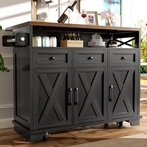 Carrito de cocina negro con 5 ruedas, 3 cajones, 3 puertas, 1 toallero, 1 almacenamiento abierto (1/5)